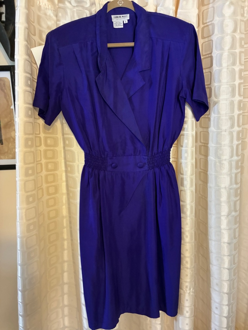 Vintage- 100% Silk Purple Short-Sleeve Shirred-Waist Midi Dress